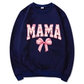 Dark blue Mama Est 2025 hoodie with pink bow typography and long sleeves in size M - S / Navy Slogan