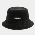 Close-up of white mom letter embroidery on washed black cotton bucket hat for women - M (56-58cm) / Black