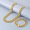 Set collana e bracciale a catena cubana dorata da 15mm con chiusura piatta in acciaio - Set Oro