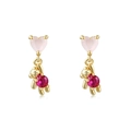 Pink heart and gold teddy bear drop earrings with red zircon stones for women - Bear Heart Drop Earrings (EH00526)