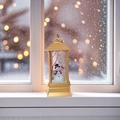 Golden Christmas lantern decoration with snowman and red bird scene on a snowy windowsill - Small Gold Snowman