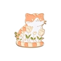 Graziosa spilla a forma di gatto in smalto arancione e bianco con motivi di tulipani e oro - Forma di Gatto