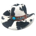 Detail of cow print cowboy hat with turquoise ethnic embroidery and plush fur texture - M (56-58cm) / Straight Top / Black