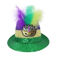 Chapeau de jazz à paillettes Mardi Gras avec plumes tricolores et emblème de masque - Taille unique / Masque A amélioré (avec décoration de plumes)