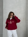 Oversized burgundy half-zip sweatshirt with British heritage print on model - S / Wine Red (Thin)