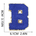 Royal blue chenille letter B patch with gold glitter edge and 8cm height dimension scale - Letter B