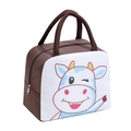 Insulated lunch bag for kids featuring a brown canvas and colorful cartoon cow print - Coffee Happy Cow Thermal