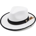 White wool fedora with black ribbon, woven leather cord, metal badge and tassel detail - 01 / M (56-58cm)