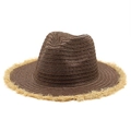 Dark brown straw fedora with light beige frayed brim for outdoor beach travel protection - M (56-58cm) / Brown
