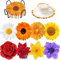 DIY floral diamond painting coasters set with sunflower patterns and metal holder - Realistic Floral Style (BD997) / 8 Pieces/Pack (With Metal Holder)