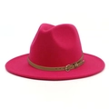 Detail of fuchsia fedora hat with brown leather band and gold buckle on wool felt - Rose Red