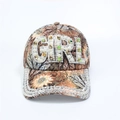 Detail of floral baseball cap with white pearls and GIRL rhinestone lettering - Adjustable / Brown GIRL