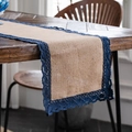 Rustic jute table runner featuring navy blue lace trim on natural wooden tabletop - Navy Blue Wide Lace Edge