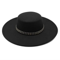 Black wool boater hat with 10cm wide brim and silver studded leather band on white background - M (56-58cm) / Black