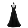 Elegant black V-neck evening gown featuring intricate lace embroidery and tiered mesh skirt - US size 2 (S) / Black