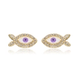 Detailansicht goldener Fischohrringe mit lila bösem Blick und Zirkonia-Verzierungen - Fisch Lila Evil Eye mit Zirkonia