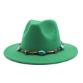 Detail of emerald green wool jazz fedora with turquoise beads and metallic chain trim - M (56-58cm) / Grass Green