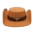 Orange-brown western cowboy felt hat with bull head metal buckle and brown leather band - One Size / Camel (With Brown Bull Head Band)
