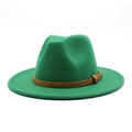 Detail of green wool felt fedora featuring a brown woven leather belt with metal buckle - M (56-58cm) / Grass Green