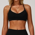 Schmal geschnittener schwarzer Yoga Sport-BH mit V-Ausschnitt und gekreuzten Trägern - S / Premium Schwarz