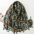 Floral print bohemian scarf with tassels on brown background and blue flower patterns - SL2504-011 (Dark Coffee Base Blue Ditsy Floral)