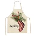 Beige linen apron featuring a festive Christmas stocking filled with holly and bells - Style-10 (Striped Stocking)