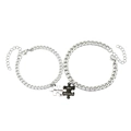 Pärchen-Armbänder Puzzle-Set mit Gravur His Crazy und Her Weirdo auf Panzerketten-Stil - Gravierter Puzzle-Anhänger / Silber/Schwarz (2er-Set)
