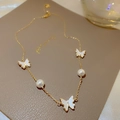 Gold plated thin chain necklace with white butterfly charms and pearls on leather display - 11# Necklace-Gold Butterfly (Real Gold Plated) (HN2476)