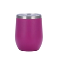 Close-up of a 12oz wine tumbler in purple finish with clear lid and steel rim - Dark Purple