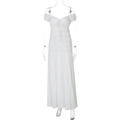 Detail of white off-shoulder maxi dress featuring smocked bodice and ruffled neckline - S / White