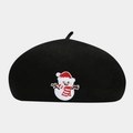 Detail of black wool beret featuring a festive snowman embroidery for winter style - M / Snowman Pattern Black