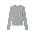 T-shirt gris à manches longues et col en V en modal doux avec texture côtelée - S / Col Rond Doublé Polaire / Gris