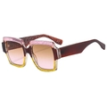 Pink and brown square sunglasses with glitter frame and gradient lenses in a side view - Pink-Yellow Gradient Glitter Frame