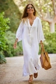 Abito chemisier lungo in cotone e lino bianco con scollo a V e bottoni sul davanti - 3XL / Bianco