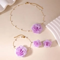 Elegant lavender fabric rose jewelry set with 18K gold plated necklace and pearl details - Purple