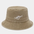 Detailed close-up of khaki washed canvas bucket hat featuring drumstick hand embroidery - M (56-58cm) / Khaki