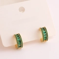 Golden C-shaped earrings with emerald green square cubic zirconia on white card - Gold with Green Zirconia