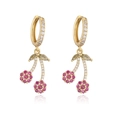 Detail of gold cherry earrings with pink zircon fruits and green marquise leaf accents - Gold Pave Zircon Cherry Earrings