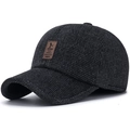 Men's dark gray knitted winter baseball cap with warm ear flaps and leather patch - Adjustable / Black