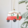 Retro red and white RV Christmas ornament with snow details on a tree branch - 10.5*3.5*8.5cm