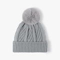 Thick light grey cable knit beanie with large pom-pom and fleece lining for winter warmth - One Size / Blue-Grey