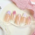 Handmade nude pink press-on nails with french floral designs and pearl accents - K058【24pcs】 / Boxed (jelly Gel + Granules)