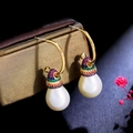 Elegant gold drop earrings with rainbow cubic zirconia caps and white teardrop pearls - Gold Rainbow Zirconia White Pearl (S925 Post)