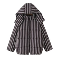 Detail of black puffer jacket with white vertical stripes and quilted hood details - S / Coffee Stripe