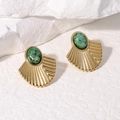 French vintage 18K gold plated stainless steel fan earrings with green stone on white rock - Gold (African Pine Style)