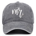 Detailed view of white Mr. embroidery on vintage washed grey denim baseball cap fabric - Grey Mr.