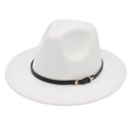 Detail of white fedora hat featuring black leather band and gold horseshoe buckle - M (56-58cm) / White (Black Leather Band)