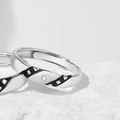 Minimalist S925 sterling silver couple rings with black geometric lines and CZ stones - Adjustable Open / Memory Film Couple Ring Female