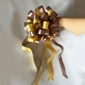 Large golden and brown two-tone gift ribbon pull bow with long elegant streamers - Coffee and Yellow