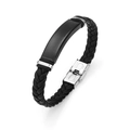 Braided black leather bracelet with curved black metal plate and silver steel clasp - Black